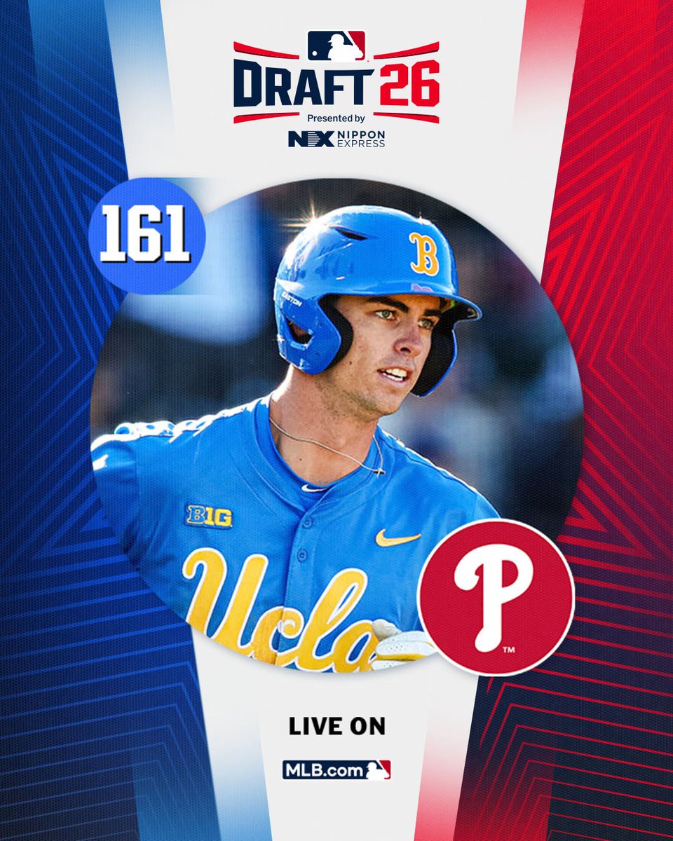 MLBDraft's tweet photo. With their 5th-round pick (No. 161 overall), the @Phillies select @UCLABaseball outfielder Will Gasparino, No. 72 on the Top 250 Draft prospects list.

Watch live: https://t.co/h080jbn5Dp https://t.co/xc3lmsCdSy