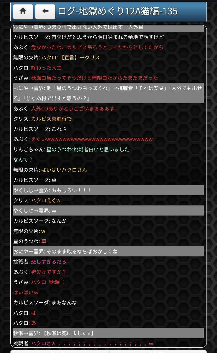 onlinePL_'s tweet photo. 死体占い

ハクロ(0票)の投票先→秋瀬
【秋瀬】さんが処刑されます

ハクロ→人狼:もう本気出すわ
ハクロ:絶対占い決め打ち勝つから霊能噛ませてくれ

ハクロ:秋瀬◯

あぶく:草
無限の欠片:w
星のうつわ:草

りんごちゃん:え、こいつ死人占ってるwwwwww

ハクロ:ああああああ
https://t.co/WnU6d7YuxN https://t.co/4XaNTIMqd6