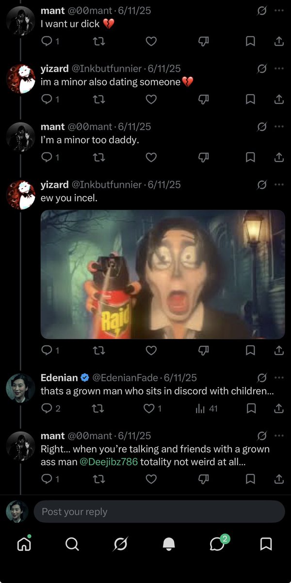 EdenianFade's tweet photo. @eldritchchaos Qd is the child, Mant is the adult who sends porn in the discord full of other kids. And yeah I remember you telling butterflykyss the same and then they lied to you and continued to engage with them. They all need mental help Its quite sad. All this for a fictional character. https://t.co/RrMxTTiX24