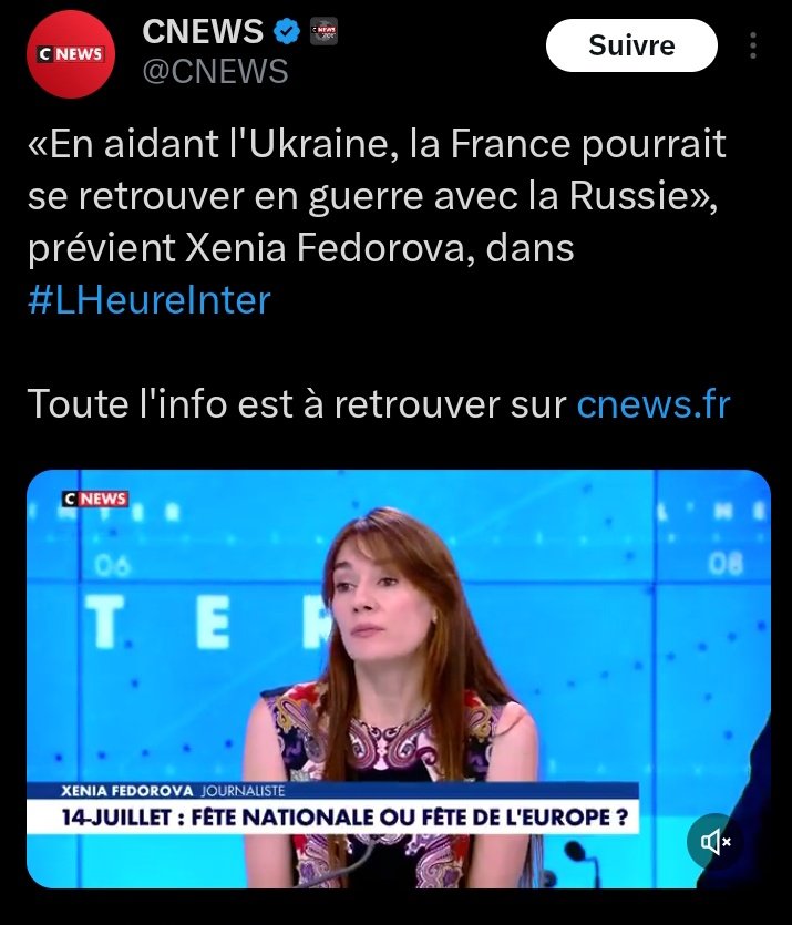 cyprien_ronze's tweet photo. 🇫🇷🇷🇺 Nouvelle inversion accusatoire de Xenia Fedorova.

Ce serait la France qui chercherait la guerre, parce qu'elle défend l'État agressé.

Et toujours sans la moindre contradiction.

Alors, Xenia Fedorova, fer de lance de la guerre informationnelle russe en France, dehors ! https://t.co/ZungL9uoA2
