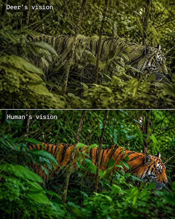 Rainmaker1973's tweet photo. Tigers don't look orange to their prey the way they do to us. Most mammals are red-green colorblind, causing the tiger's fur to appear greenish-brown and blend into the surrounding vegetation. Its black stripes further break up its outline, making it remarkably difficult to spot. https://t.co/I3F15tPBT6