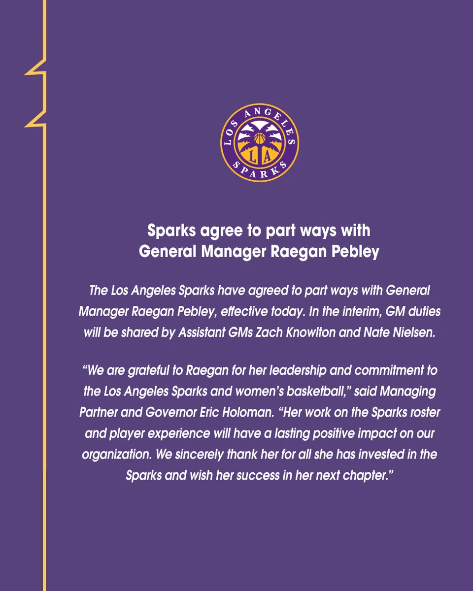 Sparks agree to part with GM Raegan Pebley Graphic. 