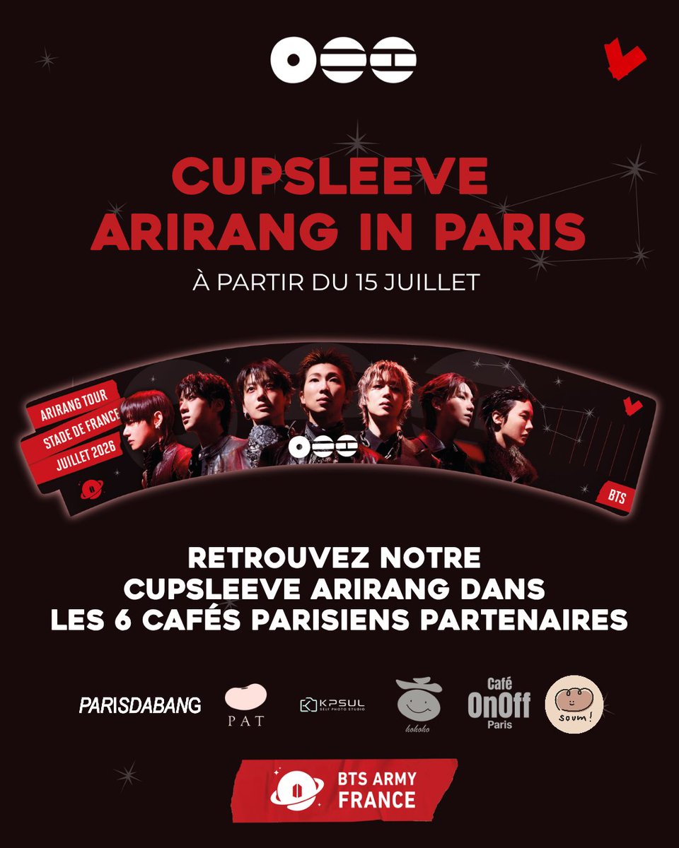 ARMYFRANCE_'s tweet photo. [@BTS_twt x #CupsleeveInParis]

ARMYs,

On est très heureux de vous dévoiler le design des cupsleeves que vous pourrez retrouver chez nos 6 cafés partenaires ! 

Qu’en pensez-vous ? 🤭

*Les quantités sont limitées mais elles seront disponibles jusqu’à épuisement des stocks à partir de ce mercredi ! 

Carte des cafés :
🔗 https://t.co/eErkYfa5v2

#BTS #CupsleeveArirangInParis 
#SipWithARMY
