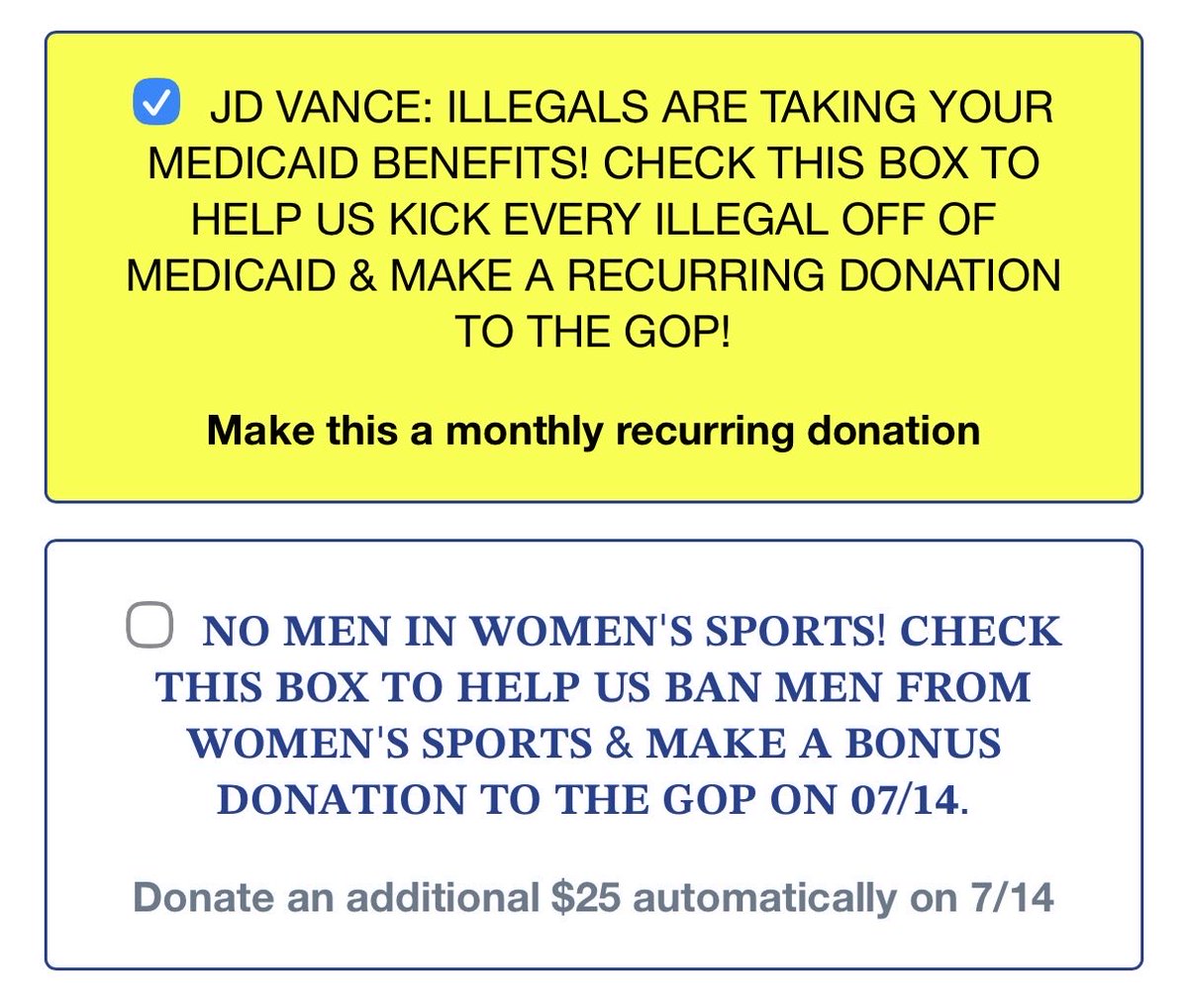 U021650's tweet photo. More lies &amp; nonsense from the GOP. 

Today’s grift - no surprise that you CAN’T submit without donating:  

“You don't have to make a donation. But can you please answer every question in the Golden Eagle Survey?”

Recurring box pre-checked?

And Men in Women’s Sports?  

Enough. https://t.co/Xk97wnxENg