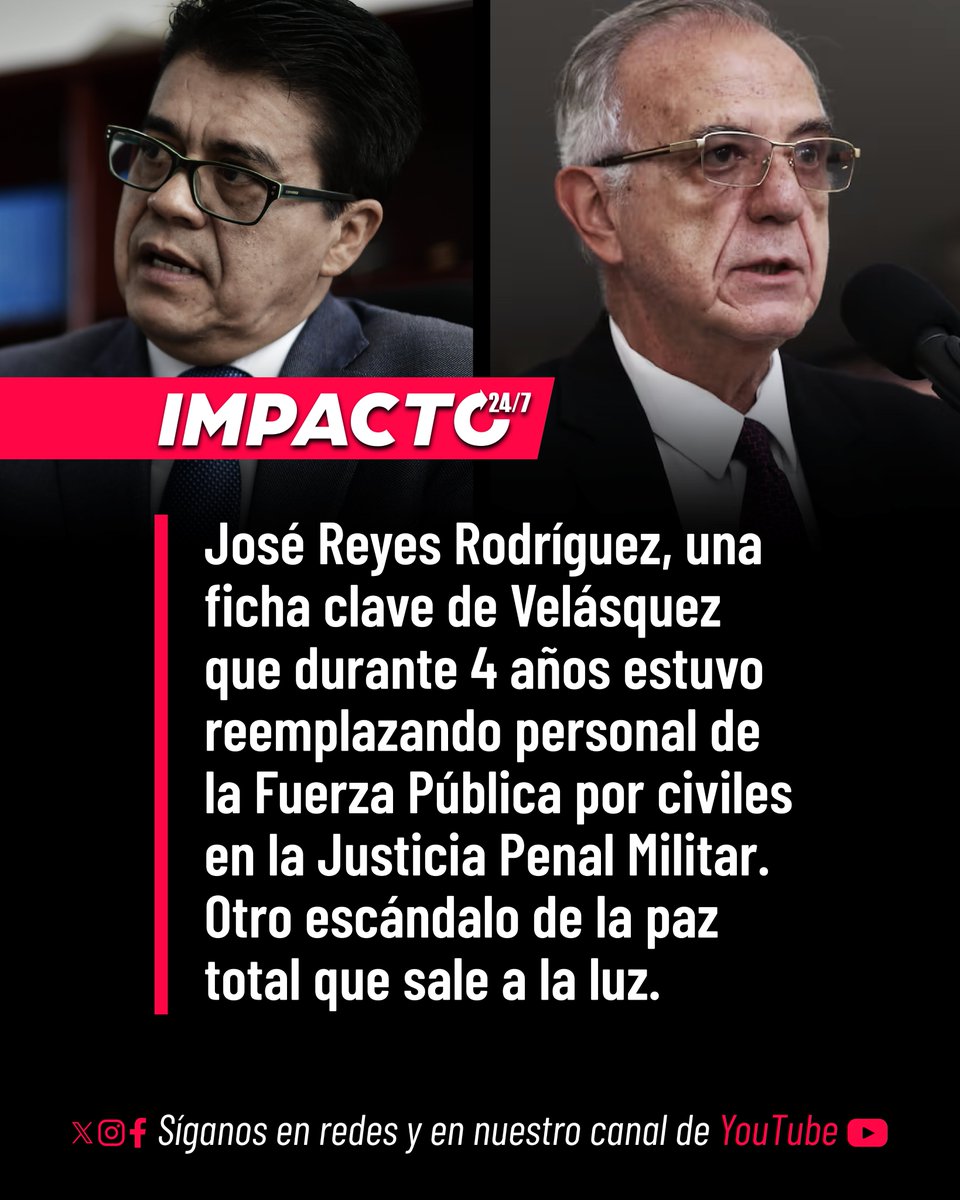 Impacto24_7's tweet photo. 🚨🇨🇴 4 AÑOS DE PURGA | Sale a la luz una masiva y premeditada purga en la Justicia Penal Militar por parte del desgobierno de Gustavo Petro, señalada como un paso clave en su plan sistemático para desmantelar y debilitar a las Fuerzas Armadas. Durante toda la administración Petro, José Reyes Rodríguez, títere de Iván Velásquez, estuvo reemplazando personal experto de la Fuerza Pública por civiles alineados con la ideología criminal de la izquierda. Esta purga malintencionada del petrismo estuvo siempre alineada con su pacto de paz total con el narcoterrorismo.