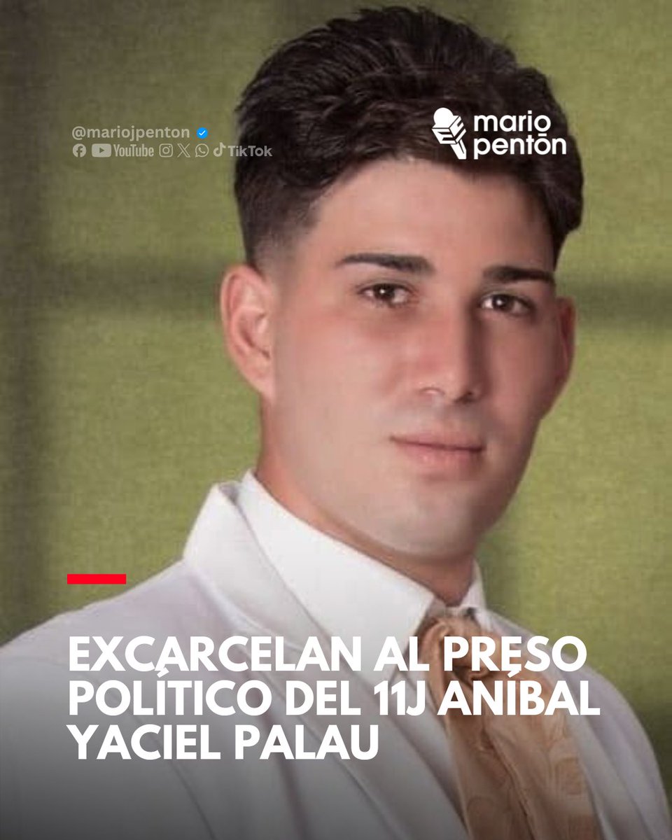 MarioJPenton's tweet photo. 🔴 El preso político cubano Aníbal Yaciel Palau Jacinto fue excarcelado este sábado tras cumplir íntegramente una condena de cinco años por su participación en las protestas del 11 de julio de 2021 en Güines, Mayabeque. Su liberación ocurrió después de permanecer 24 horas en paradero desconocido, tras ser trasladado de la prisión Melena II al penal de Ganusa un día antes de la fecha prevista para su excarcelación.

⭕ Durante su estancia en Ganusa, el joven de 30 años inició una huelga de hambre y fue recluido en una celda de aislamiento, descalzo y en ropa interior, en protesta por su retención. Su familia denunció que las autoridades retrasaron su liberación alegando una supuesta causa pendiente, pese a que el caso ya había sido archivado.

⭕ Durante sus cinco años de prisión, Palau Jacinto denunció agresiones, celdas de castigo y falta de atención médica. Su salud se deterioró como consecuencia de las huelgas de hambre y las condiciones de reclusión, desarrollando múltiples problemas de salud. 

MARTÍ NOTICIAS