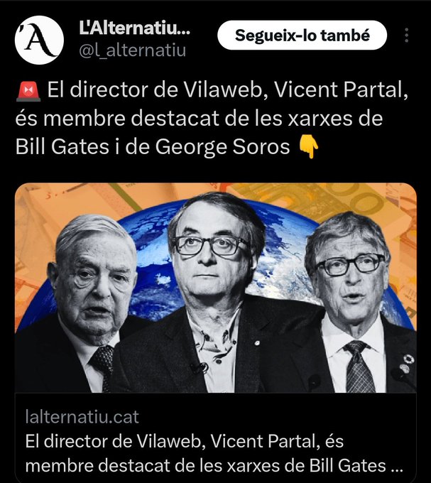 BarceloMar9555's tweet photo. Tots sabem que Partal i Vilaweb, son la principal tribuna i altaveu de la Internacional Progressista, al servei dels interessos de Soros, Bill Gates ,BlackRock i cia.
Fan la propaganda per la que se'ls paga. https://t.co/5DlbkcX2n4