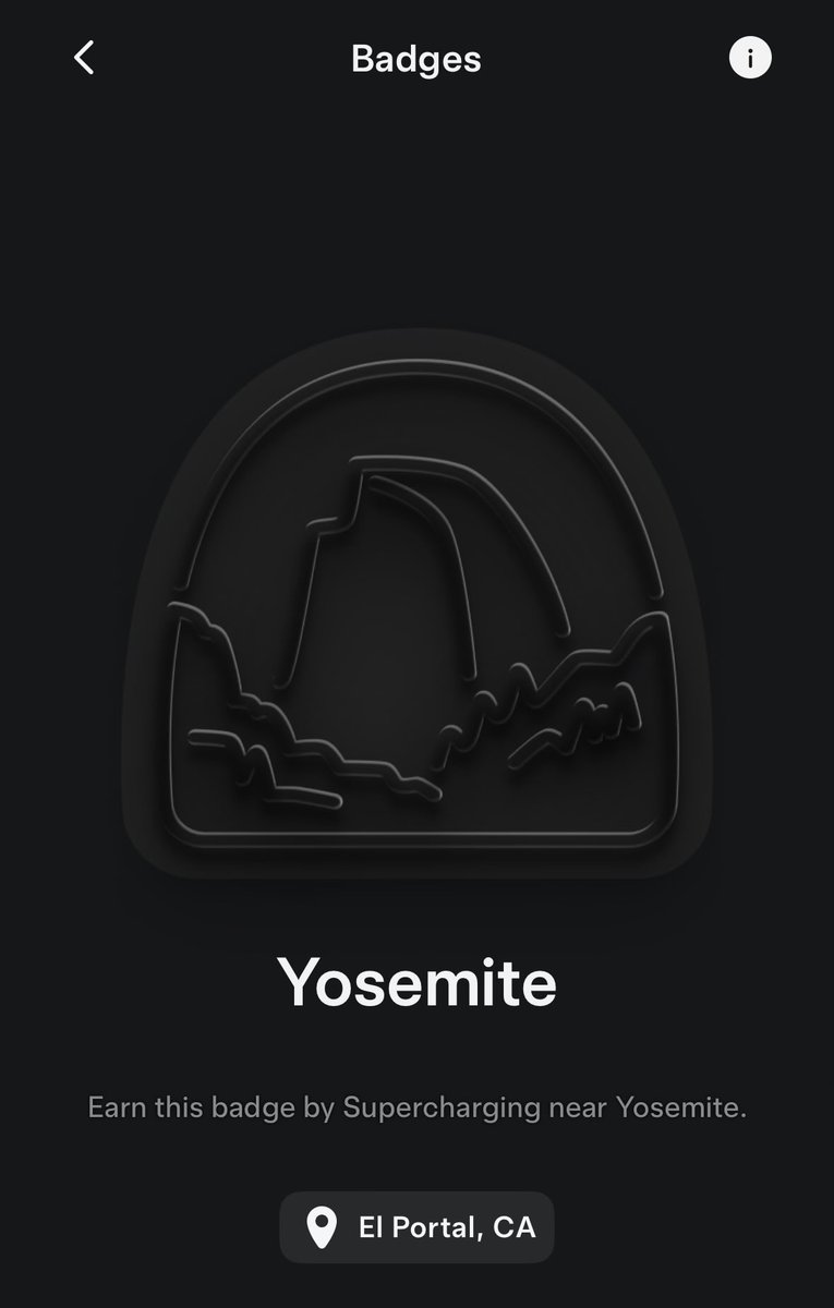 sparseplinth's tweet photo. Please @TeslaCharging, couldn’t this badge include the Fish Camp charging location as well? I feel like I earned it and El Portal isn’t that much closer to Yosemite. https://t.co/qhbNGxHM0A
