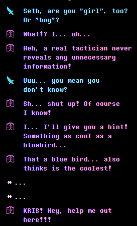 RalseiSpin's tweet photo. I just noticed there's a bit of unused dialogue in the scene where everyone affirms Seth, where Seth specifically asks Kris to help them out.

Anyone who still thinks Kris isn't Non-Binary... you have no excuse now. https://t.co/QnqL6O6hIF