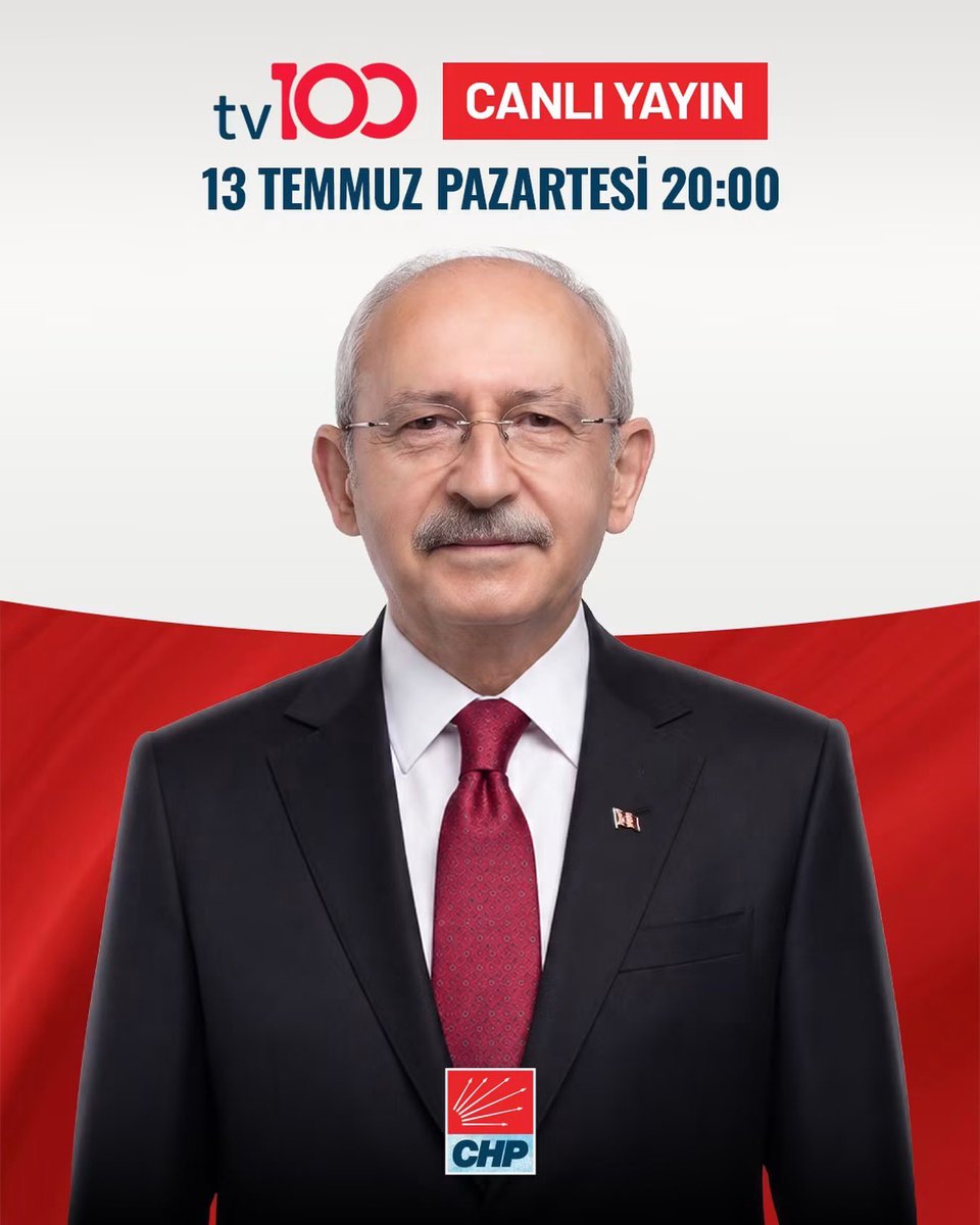 kazimyagmurr's tweet photo. Genel Başkanımız Kemal Kılıçdaroğlu, tv100 canlı yayınında Erdoğan Aktaş ile Başak Şengül’ün sorularını yanıtlayacak.

📅 13 Temmuz Pazartesi
🕗 20.00
#chp @herkesicinCHP @kilicdarogluk https://t.co/9rK5NYqUjo
