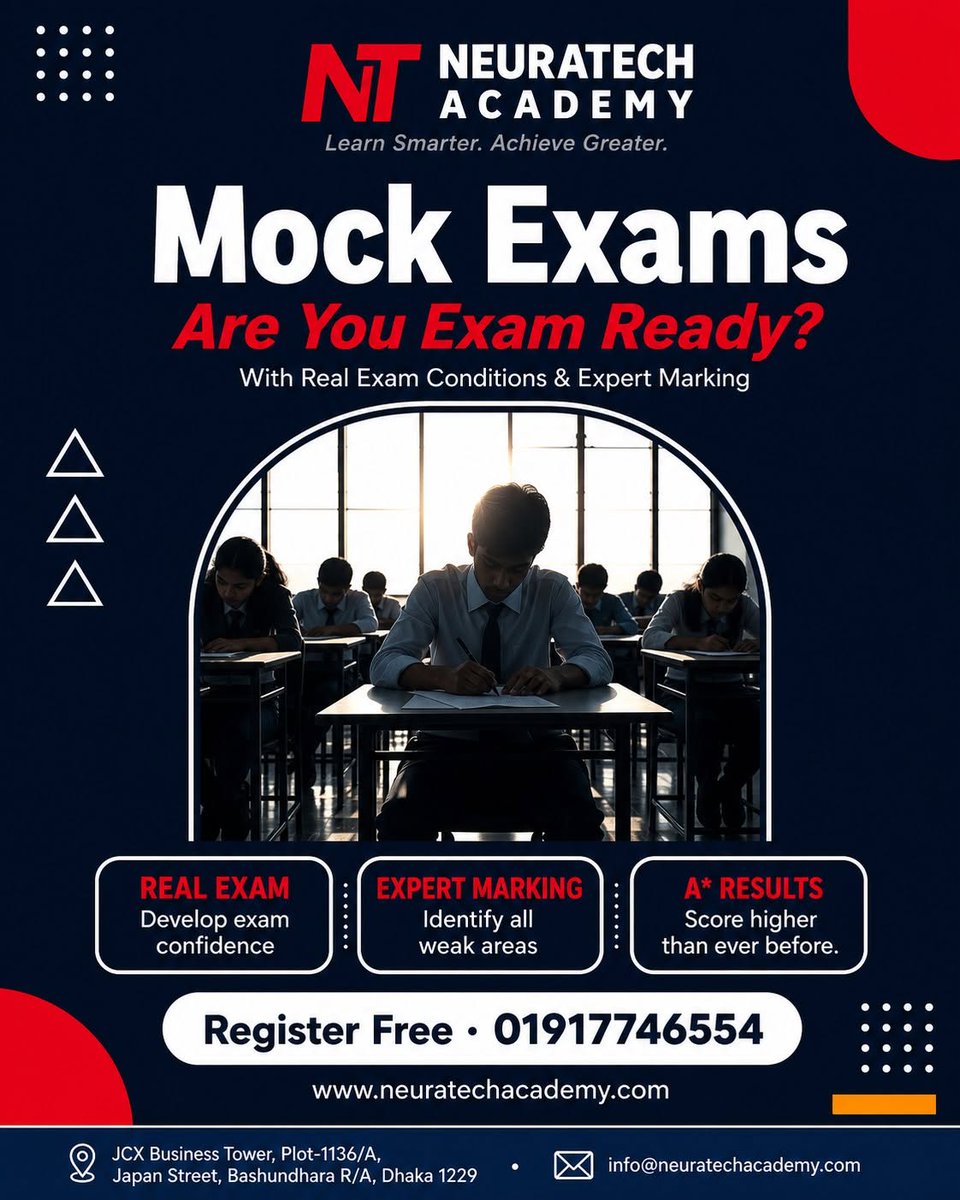 neuratechbd's tweet photo. A* doesn't happen by accident. It’s engineered through smart preparation.
https://t.co/7F7BjyWT5h is providing the ultimate competitive edge with our specialized O & A Level Mock Exam batches!
📷CALL NOW: 01711990020
📷JCX Business Tower, Bashundhara R/A.
#OLevels2026 #MockTests https://t.co/TCjXnzoT3T