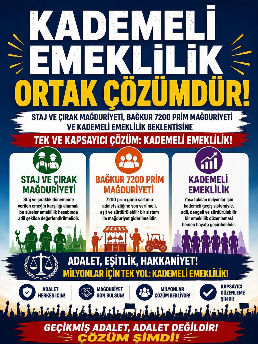 uyuksel338's tweet photo. Dünyanın hiçbir ülkesinde, tarihte görülmemiş bu adaletsizliği Kademeli Emeklilik ile mutlaka çözmelisiniz!
1 gün, 1 ay, 1 yılın bedeli 17 yıl olmaz.
Emekliliğe erişimde akranlar arası yaş farkı 2 yıldan fazla olamaz.
#KademeÇözümdür https://t.co/1Nt68a2ldT