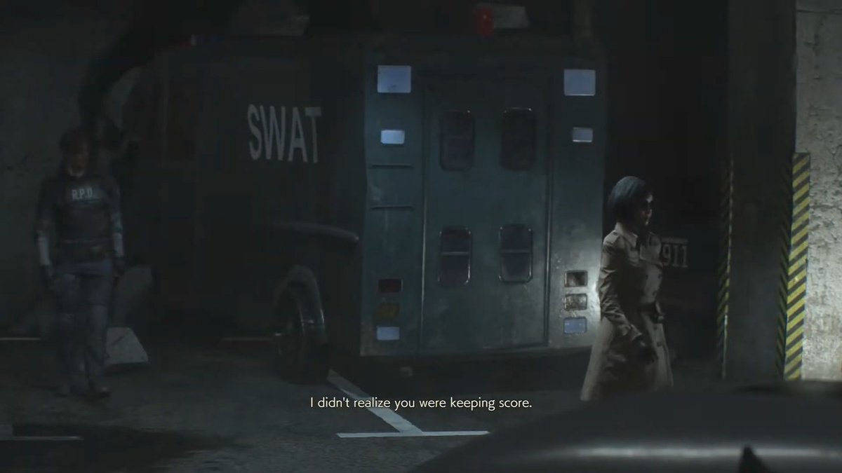Resident_bio's tweet photo. I appreciate the small touches Requiem adds. Like in the RPD's garage. All the SWAT vans have their cushioned seals intact except one. This one, smashed into the jail's wall, has its seats completely burned to ash. A nostalgic reminder of what Ada to Mr X back in 1998.
#REBHFun https://t.co/xbYJb3OQpx