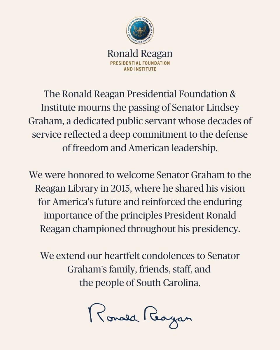 RonaldReagan's tweet photo. We join the nation in mourning the passing of Senator Lindsey Graham. https://t.co/iPtraO6A03
