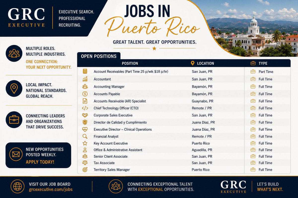 grc_executive's tweet photo. 🚨 Jobs in Puerto Rico

Open roles across leadership, technology, healthcare, finance, accounting, sales and administration.

Explore all current opportunities and apply:

https://t.co/pQQHdbEWcS

#PuertoRicoJobs #Hiring https://t.co/3lwQOghNnP