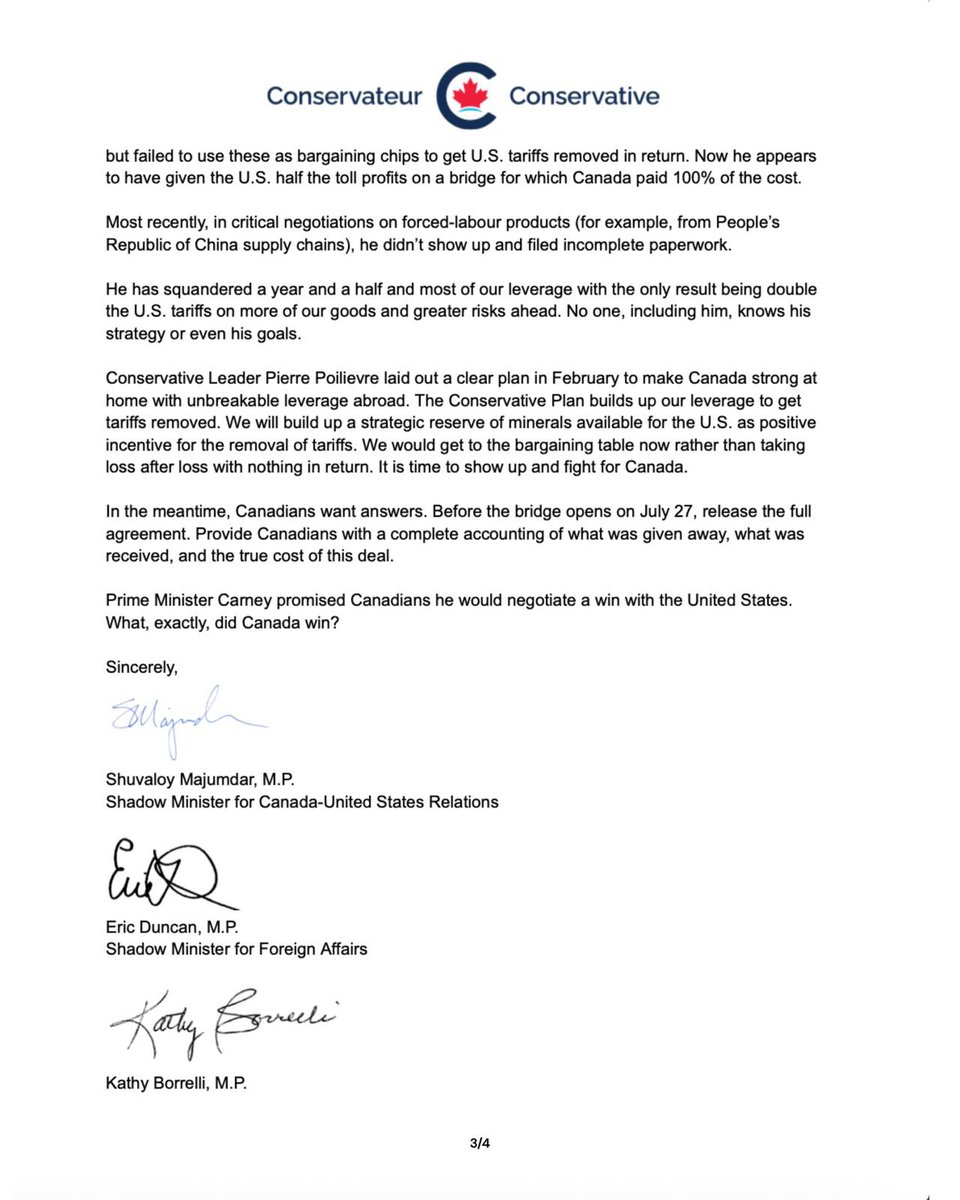 shuvmajumdar's tweet photo. Prime Minister @MarkJCarney has negotiated a terrible deal for Canada. Our people demand answers. 

My letter to Minister @DLeBlancNB here: https://t.co/whHayaqgF9