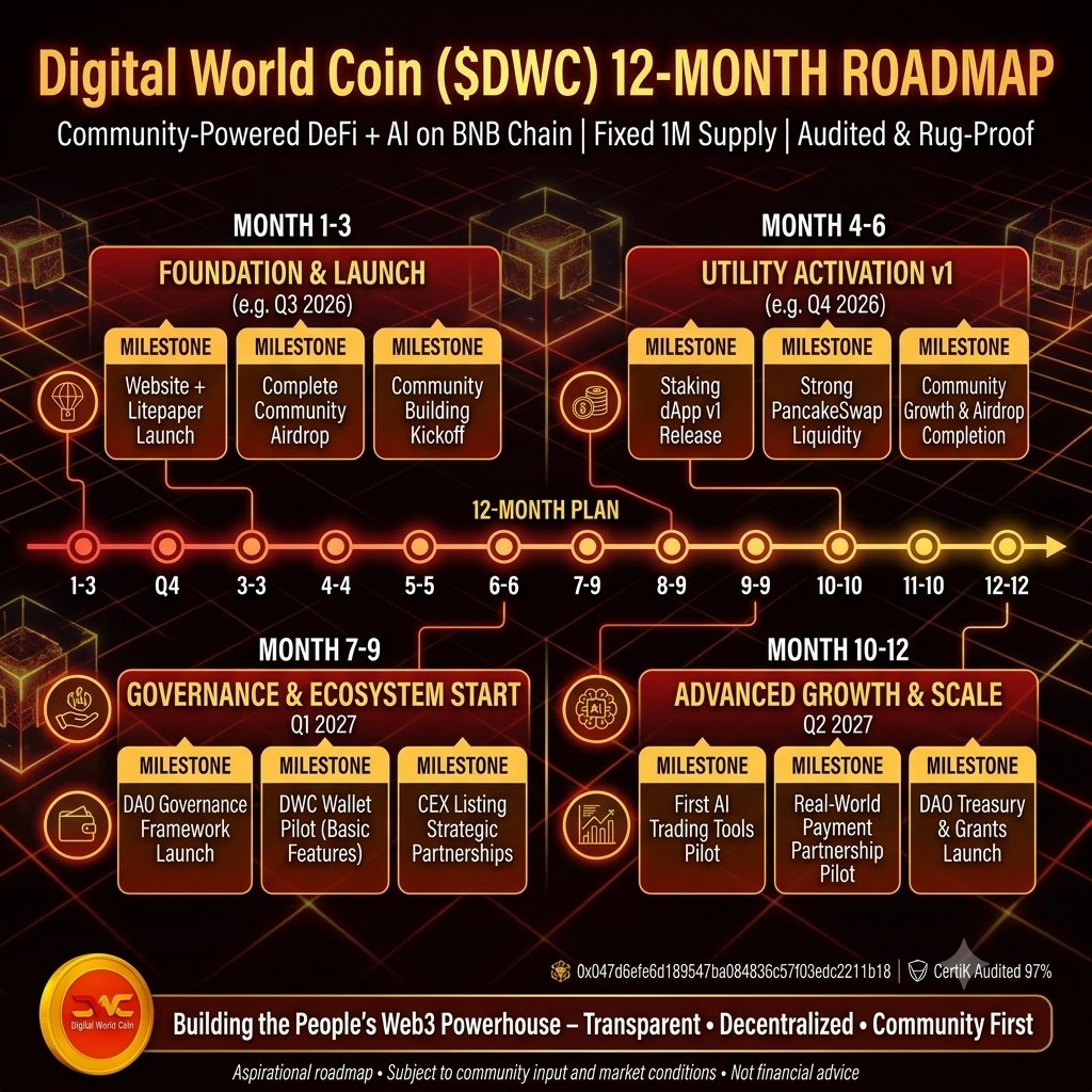 DWCWEB3's tweet photo. 🚀 Ready to witness the next Web3 powerhouse? The Digital World Coin ($DWC) 12-Month Roadmap is here!
We're building a decentralized future combining #DeFi + #AI on the #BNBChain. With a fixed 1M supply, we are #Audited & #RugProof.
1️⃣ Q3 2026: Foundation & Launch – Get ready for Community Airdrops!
2️⃣ Q4 2026: Utility Activation v1 – Staking & Liquidity.
3️⃣ Q1 2027: Governance & Ecosystem Start – DAO Launch & $DWC Wallet.
4️⃣ Q2 2027: Advanced Growth & Scale – AI Tools & DAO Treasury.
Building a transparent, community-first ecosystem. 🛡️
Contract: 0x047d6efe6d189547ba084836c57f03edc2211b18
Dive into the details! #Web3 #Crypto #Airdrop #DAO #Altcoin #Roadmap #DWC #digitalworldcoin #dwcweb3