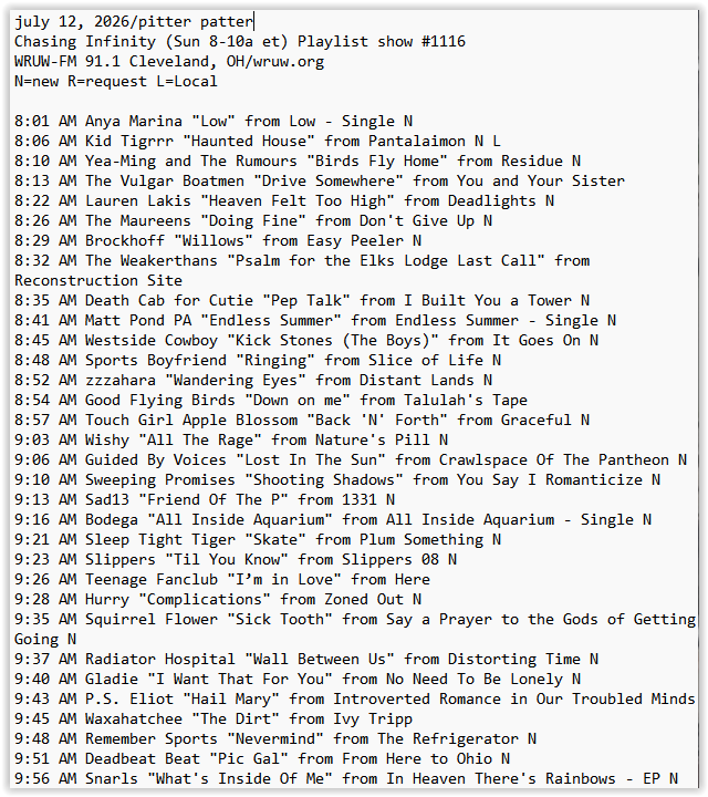 edzeitz's tweet photo. my WRUW playlist this AM with: @anyamarina @ymandtherumours @TheMaureens @mattpondpamusic @sportsboyfriend @zzzahara__ @wishy_music_777 @swpromises @sad13 @sqrrlflwr @hurryband @remembersports @deadbeatbeat + more https://t.co/kgtHtoPEZb