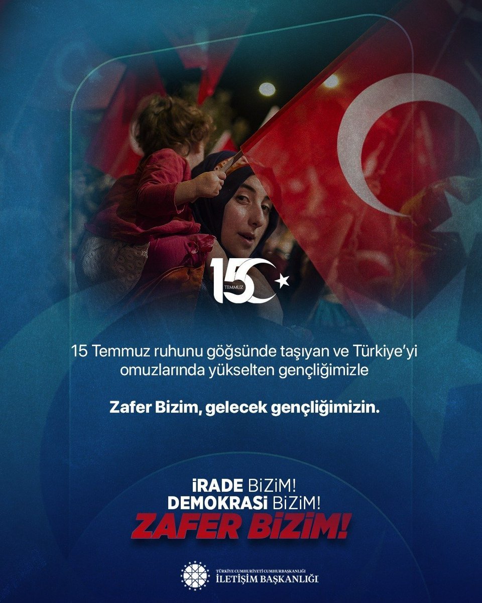 Srgl_8's tweet photo. 🇹🇷 #15Temmuz ruhunu göğsünde taşıyan ve Türkiye’yi omuzlarında yükselten gençliğimizle #ZaferBizim, gelecek gençliğimizin.

İrade Bizim Zafer Bizim! https://t.co/eAwNVE8wxy