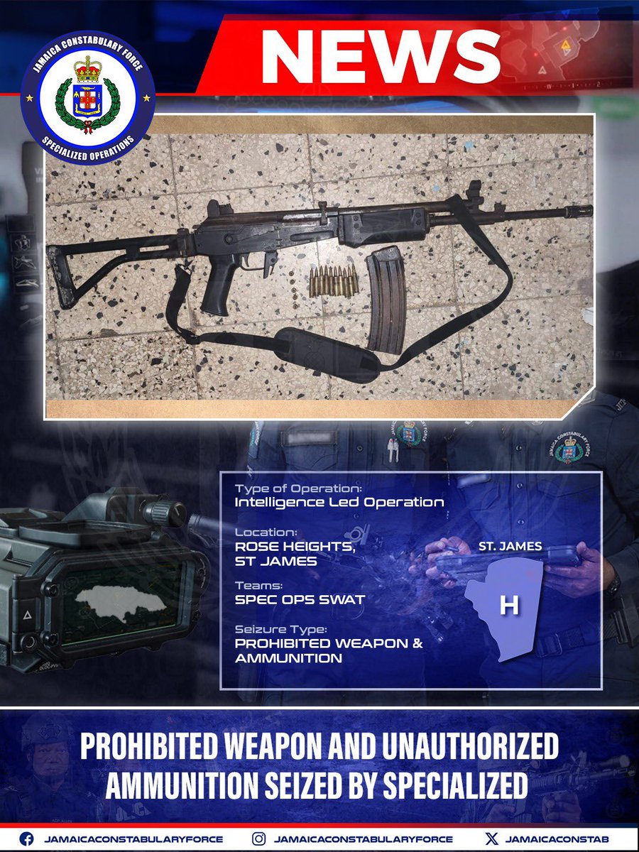 JamaicaConstab's tweet photo. On Saturday, July 11, members of the Specialized Operations SWAT Team, carried out an intelligence-led operation in Rose Heights, St. James during which an IWI multicalibre rifle with fifteen 5.56 rounds was seized. 

This multicalibre weapon is capable of firing 7.62 and 5.56 assault rounds. 

No one was arrested in connection with the seizure. Investigation is ongoing.
