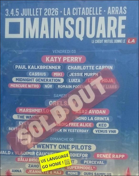 Pasagenoux's tweet photo. #USLanguageGoHome, alors #jecollecontreletoutanglais et #JeBalanceLesAngliciseurs !
CC : @MainSquareFest #MainSquareFestival #MainSquare2026 @pasdecalais62 #PasdeCalais #ViveLeNord #Nord @departement59 #Lille @MetropoleLille @ESkyronka #festival https://t.co/Hq1bC7WIeG