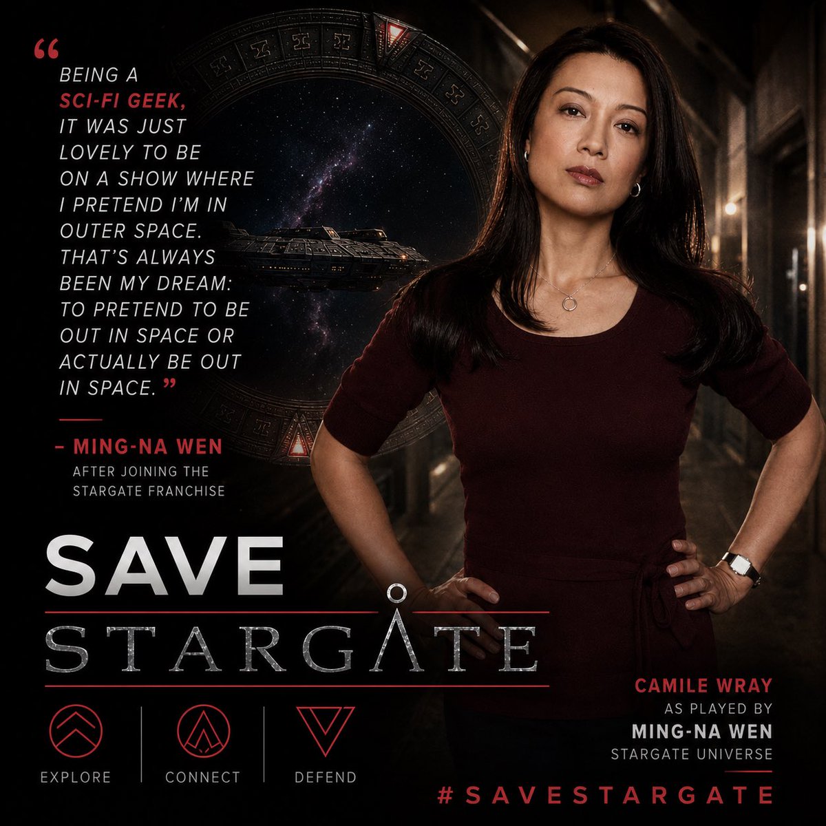 m_rosenbloom28's tweet photo. Another major talent to join the Stargate franchise was @MingNa. Already an acclaimed actress known for The Joy Luck Club, ER, and as the voice of Mulan, she brought depth and gravitas to Camile Wray in Stargate Universe. #SaveStargate #SGU https://t.co/YhO5c6abbi