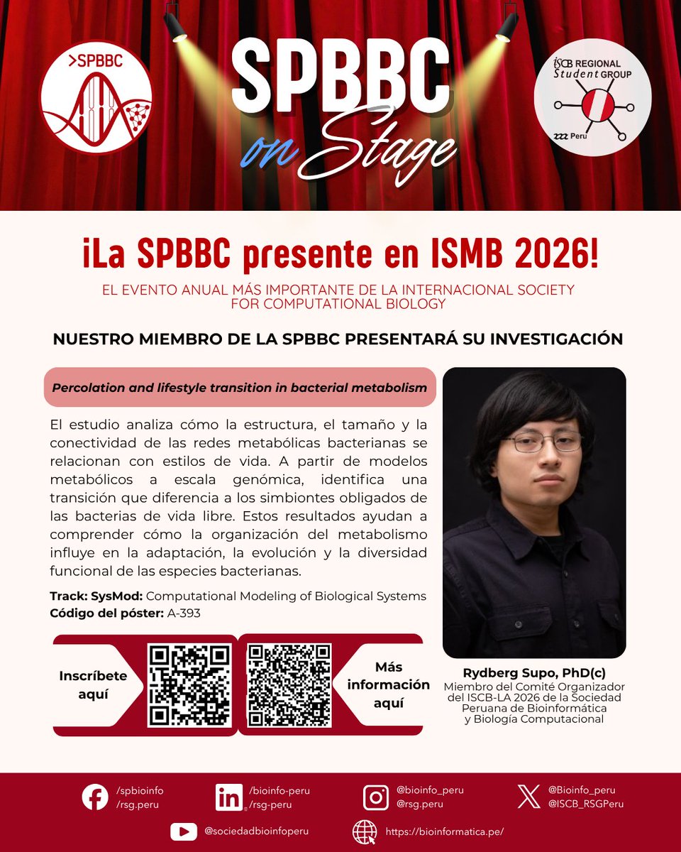 Bioinfo_Peru's tweet photo. 🇵🇪 La SPBBC estará presente en la 34.ª Conference on Intelligent Systems for Molecular Biology (ISMB 2026). PhD. David Requena será keynote; PhD (c).Cleidy Osorio y PhD (c).Rydberg Supo presentarán sus investigaciones, junto con el póster institucional de la SPBBC. https://t.co/xyznjXG1BX