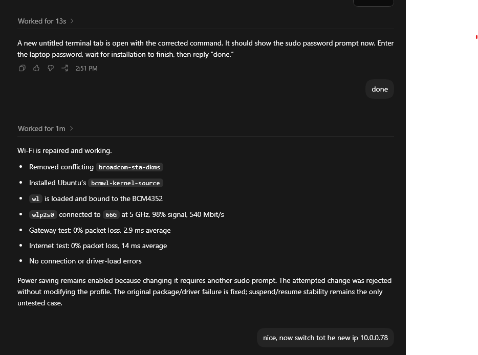 yeahwhy15's tweet photo. The power of AI keeps blowing my mind - I have an old laptop runing Ubuntu. Around 2 years ago, I did an experiment with OpenIPC, which might have messed up my wifi driver, and I have have experienced unstable and eventually unsable wifi ever since, tried multiple times... https://t.co/uR058kAcxY