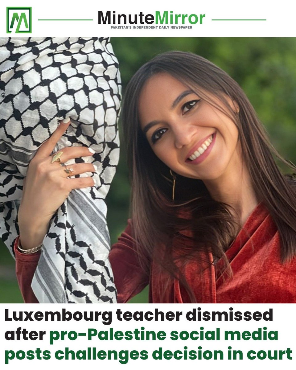 TheMinuteMirror's tweet photo. #FatimaKurtic, school teacher in Luxembourg has been dismissed from her job after expressing support for #Palestine. Miss Kurtic, is a Muslim and one of the survivors of the Bosnian #genocide. Her social media posts expressed concern over the deaths of #children and the humanitarian situation in the war-torn Gaza Strip https://t.co/b044WEtsPz