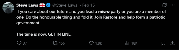 Joyce_was_right's tweet photo. Tbh, if you meant reform, I'm okay with that as it doesn't cannibalise nationalist energy.  People just vote for it.

But restore is poison for nationalism imo, with stuff like pic related. Neoliberalism cannot solve our issues. And we will find ourselves in 5 years time with nothing of our own, no movement just for our people. And we will be even further behind.

If we had just let reform go we could have had the thousands upon thousands of nationalists working to build something that we are going to desperately need.

Imo, restore is an absolute disaster for our people. About the worst thing that could have happened.
