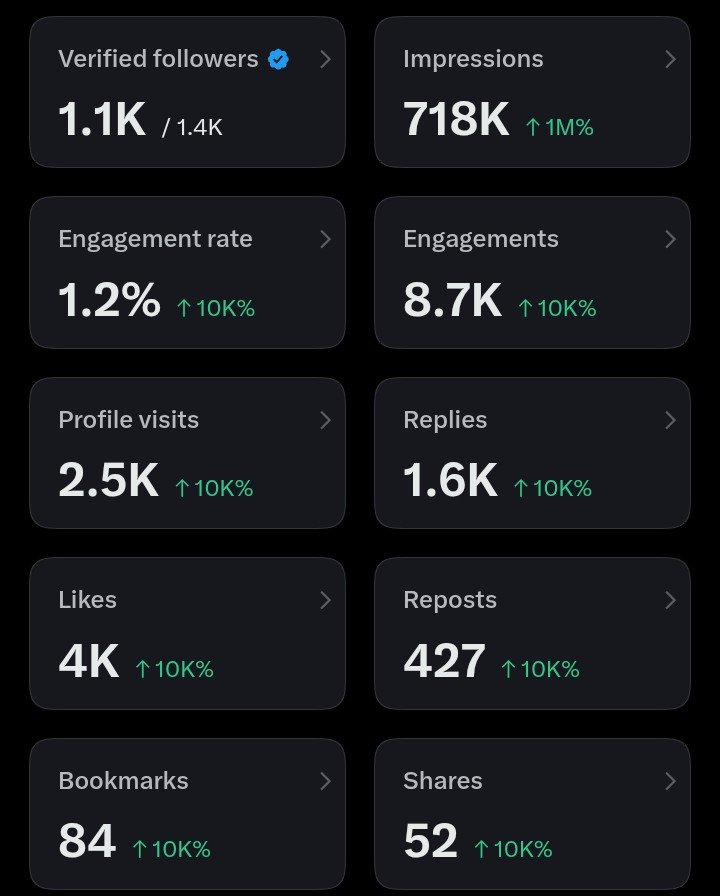 Oluwapelum34958's tweet photo. My analytics 15 days after getting verified 

1,100 verified followers 
718k impressions https://t.co/YvTIuUdnpj