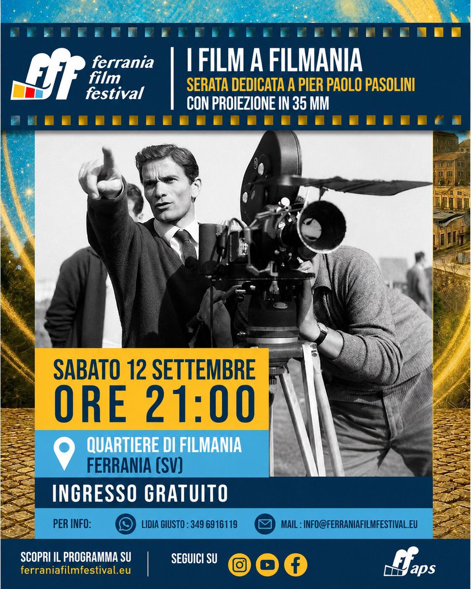 GoldenRaffa's tweet photo. Ferrania Film Festival - Omaggio a Pasolini, sabato 12 settembre, ore 21 a Ferrania (SV) https://t.co/QAbeY2cART #ferraniafilmfestival #pasolini #pellicola #ferrania #valbormida https://t.co/UnzOrlucnN