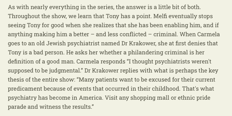 RichardHanania's tweet photo. One of the messages of The Sopranos is that therapy culture has been a disease. The old Jewish psychiatrist who is seen once and never again is the conscience of the show. https://t.co/zPPSJeFEn0