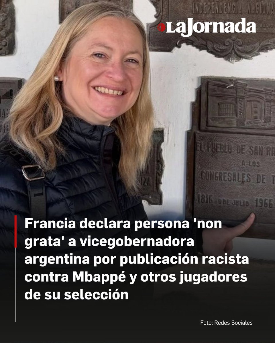 lajornadaonline's tweet photo. La embajada de Francia en Argentina declaró a una representante regional persona "non grata" en sus instalaciones y en el marco de la cooperación bilateral, tras un tuit en el que calificó a la selección francesa de fútbol como "el equipo africano flojo de modales", se informó el domingo.

La derechista, Hebe Casado, vicegobernadora de la provincia de Mendoza (oeste), había publicado, tras la victoria de Francia sobre Paraguay por 1-0 en octavos de final del Mundial 2026, un mensaje en X diciendo: "Muy bien Paraguay. El equipo africano flojo de modales. No lo aguanto a Mbappé".

Más información en: https://t.co/8ySA9TDqW8