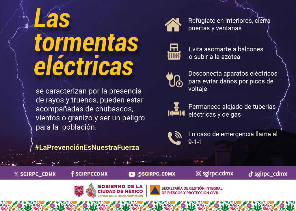 SGIRPC_CDMX's tweet photo. ¿Qué hacer en caso de #tormentas eléctricas?
⚡️Refúgiate en interiores, cierra puertas y ventanas
⚡️Evita asomarte a balcones o subir a la azotea
⚡️Desconecta aparatos eléctricos para evitar daños por picos de voltaje
⚡️Permanece alejado de tuberías eléctricas y de gas
⚡️En caso de emergencia llama al 9-1-1
Recuerda que #LaPrevenciónEsNuestraFuerza