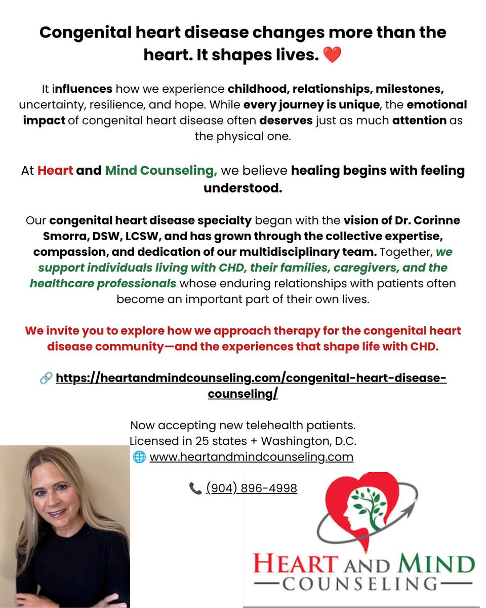 HeartandMindCo1's tweet photo. Congenital heart disease changes more than the heart. It shapes lives. ❤️

Explore our approach to supporting individuals, families, caregivers, and the healthcare professionals who care for them.

🔗 https://t.co/i1Sa2OfTXr

Licensed in 25 states + Washington, D.C. https://t.co/EdgheAaekw
