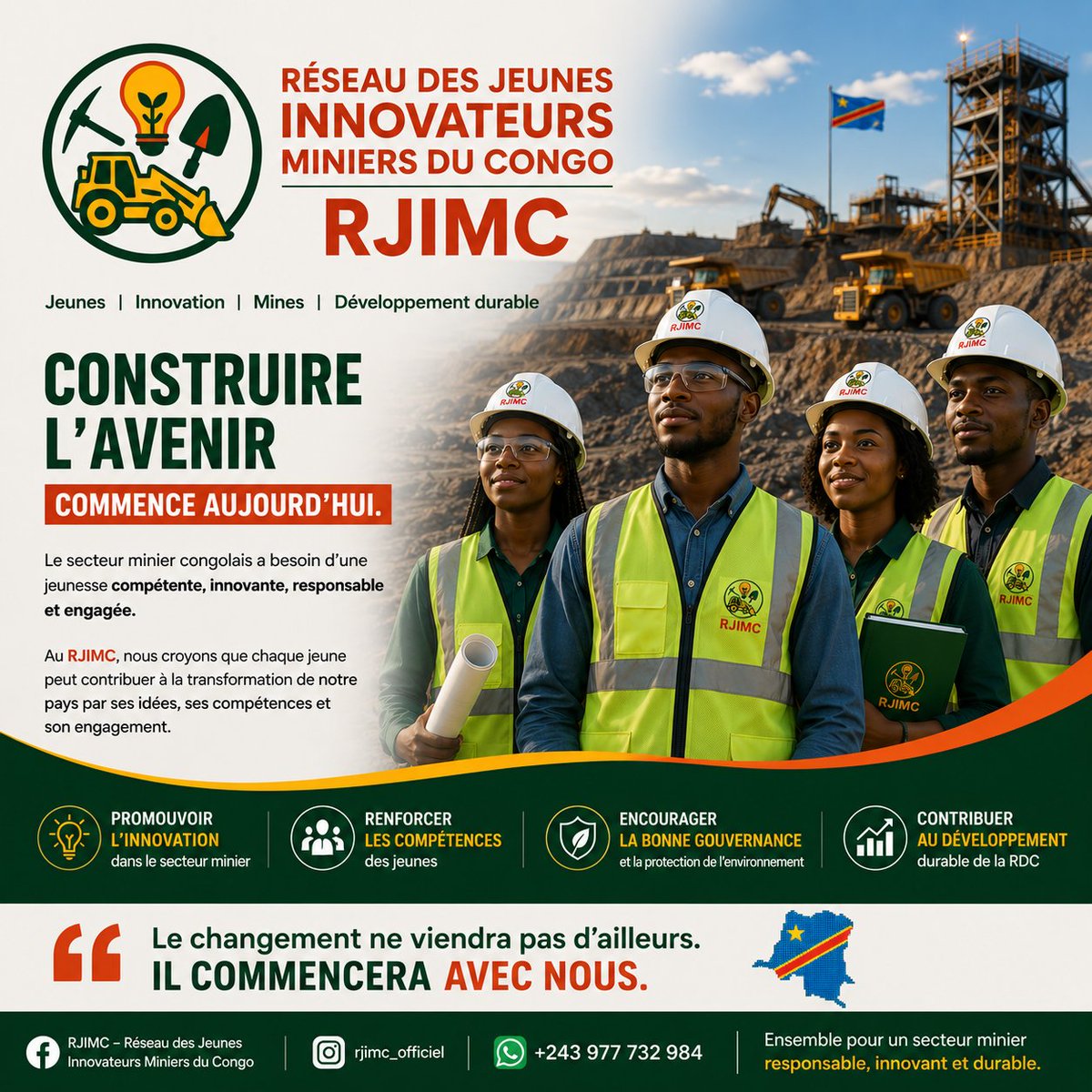 RJIMC_Officiel's tweet photo. 🇨🇩 La jeunesse est la première richesse de la RDC.

Le RJIMC rassemble les jeunes qui veulent innover, apprendre et agir pour un secteur minier responsable et un développement durable.

📩 Rejoignez-nous !
📞 +243 977 732 984

#RJIMC #Jeunesse #Innovation #Mines #RDC https://t.co/Qub1Ykh62c