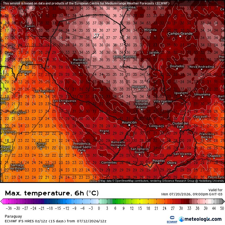Igor__Roik's tweet photo. Muito calor a frente. 
Temperaturas acima dos 35°C no Paraguai e áreas do centro-oeste do Brasil, em pleno inverno. https://t.co/A3a2iAq441