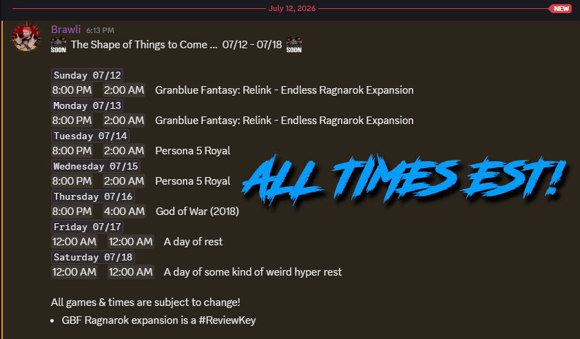 OverBoredGaming's tweet photo. Never saw it coming: more OBG this week! Can't wait to checkout the new expac for GBF (one my faves of 2024), dig deeper into the third palace in P5R, and uhh maybe finish GoW provided I can beat Sigrun 🙃

The Games:
- Granblue Fantasy ReLink
- Persona 5 Royal
- God of War

<3 https://t.co/3MoMXrjtfe