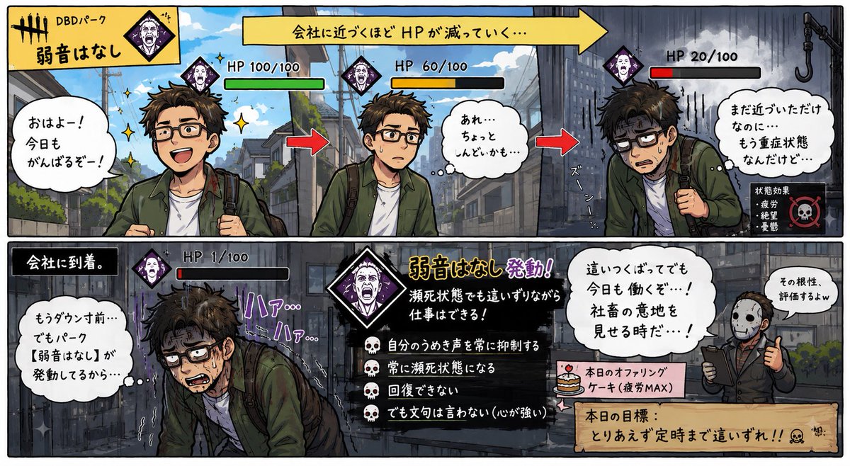 _ginsyake's tweet photo. おはよー。

家を出た瞬間は元気なのに、
会社に近づくほどHPが減っていく…。

会社の最寄り駅に着いた瞬間、
勝手に「弱音はナシだ」が発動。

負傷状態のまま出勤してる気しかしない😂

#月曜日#おはよう#dbd https://t.co/zEo01TWN1c
