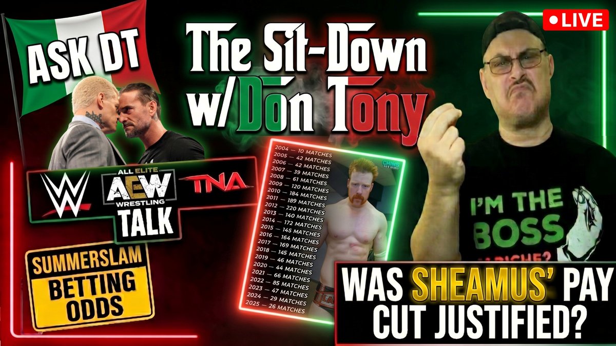 DonTonyD's tweet photo. Sunday Sit-Down w/Don Tony returns LIVE 8:05PM. We'll discuss more on Sheamus leaving WWE and if TKO pay cut was justified, Super Cody, SummerSlam, wrestling talk, Q&amp;A, vote on new WND intro 🎶 and lots more. https://t.co/S3M479MjSy https://t.co/Ymd6ebBjdf
