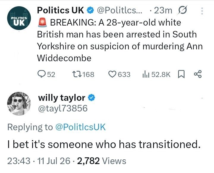 liemgreen's tweet photo. Right wing folk be like:
“I bet the killer was Muslim!”
The killer is British 
“Not a Muslim? Well I bet the killer is black!”
The killer is a white British man
“Man? Well I bet he’s actually trans!”

Right wing folk HATE when it’s “one of their own”. https://t.co/J5Wtf92XHG