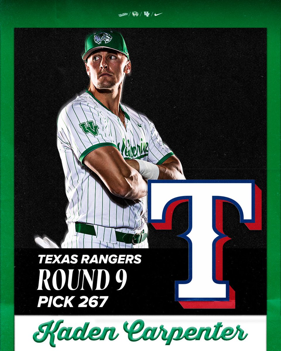 UVUbsb's tweet photo. The Texas Rangers select Kaden Carpenter, making him the highest-selected player in our Division I era. ⚾️

#GoUVU | #ValleyForged https://t.co/nGaS41cIRT