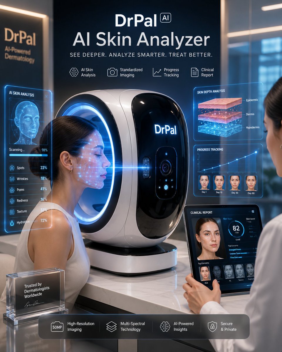 DrPAL_ai's tweet photo. The future of skin diagnostics just entered the clinic.

Meet the DrPal AI Skin Analyzer — an intelligent imaging platform built for dermatology and aesthetic medicine.

High-resolution facial scans.

Standardized clinical lighting.

AI-powered skin analysis.

Smart reports.

Patient progress tracking.

From the first scan to more confident treatment decisions, DrPal helps clinics turn skin imaging into intelligent care.

A new era of AI-powered dermatology starts now.

Download DrPal today:

📱 iOS: https://t.co/W5LdQQLkiZ

📌 Android: https://t.co/9jqMrDy6lh

#DrPal #AISkinAnalyzer #AIHealth #Dermatology #AestheticMedicine #SkinTech #HealthTech #MedTech #ArtificialIntelligence