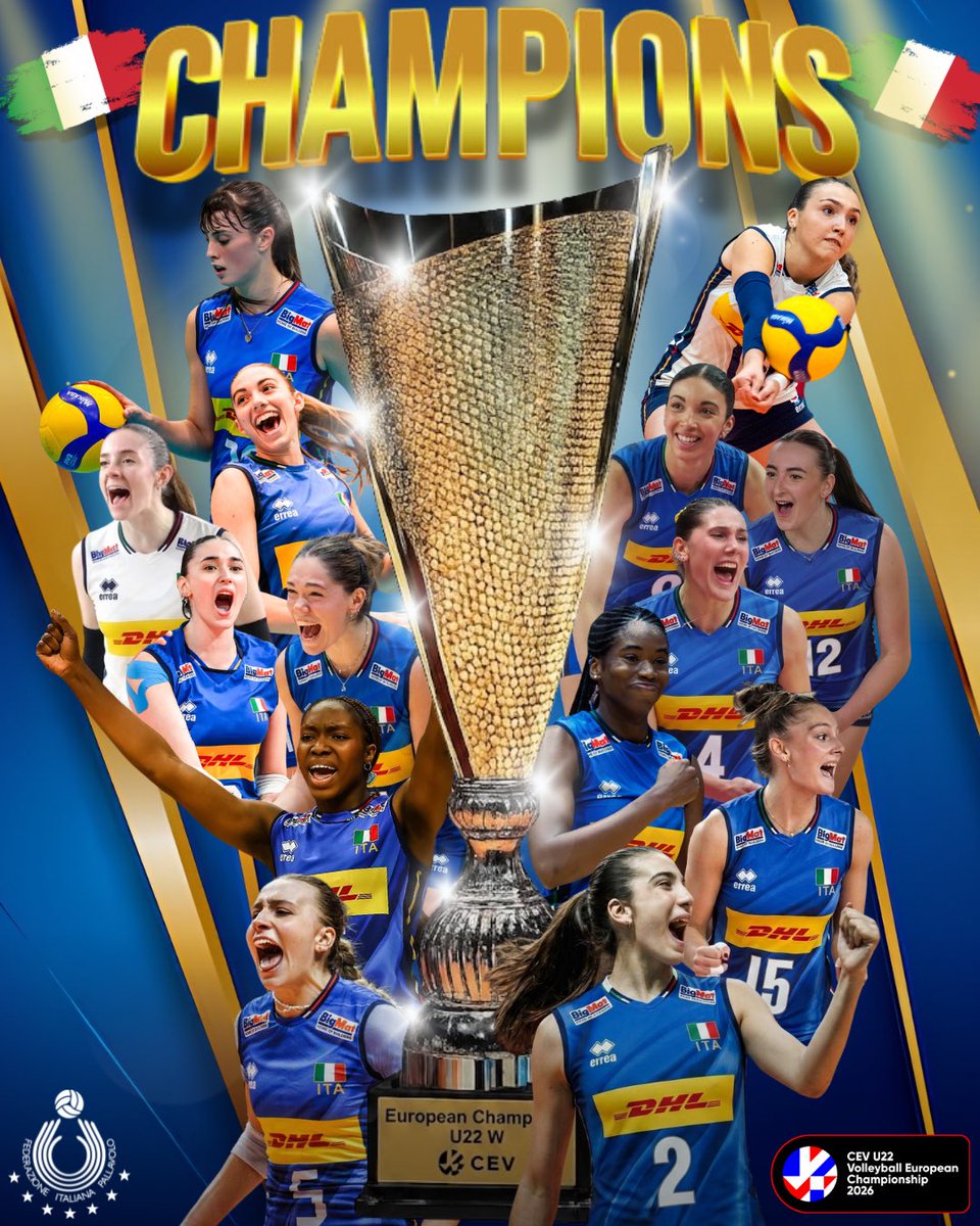 CEVolleyballITA's tweet photo. 𝗖𝗔𝗠𝗣𝗜𝗢𝗡𝗘𝗦𝗦𝗘 𝗗'𝗘𝗨𝗥𝗢𝗣𝗔! 🇮🇹💙🏆

L'Italia U22 è ancora sul tetto d'Europa! 🔥

Tre Europei consecutivi. Un dominio assoluto. 🇮🇹✨

ANCORA ITALIA ! ANCORA ORO! 🥇🇮🇹

#CEV #volley #volleyball #italvolley #EuroVolleyU22W https://t.co/KNCkR4caCk