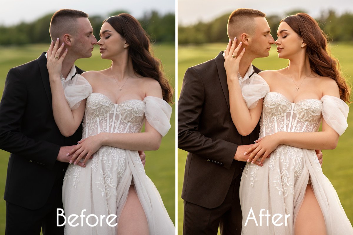 SO_Presets's tweet photo. From raw to radiant. 📸 Backlit wedding shots can be tricky, but my presets are built to handle the warmth while keeping skin tones natural #lightroompresets #photoedit #contentcreator #bridetobe #film https://t.co/NEjyfqDK0T