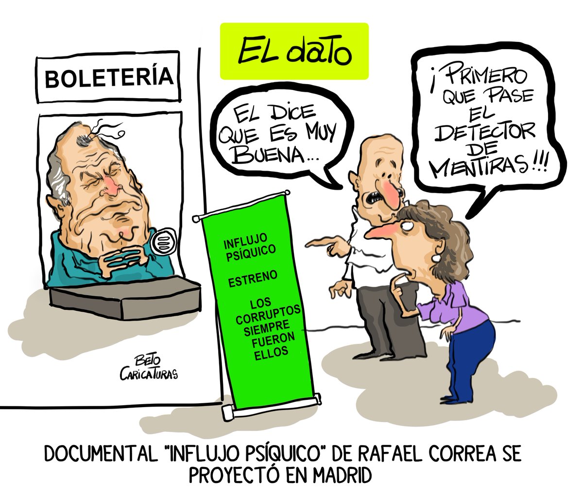 CaricaturasBeto's tweet photo. En Madrid, se realizó la presentación y proyección del documental “Influjo Psíquico”, proyecto impulsado por #RafaelCorrea para contar sobre su juicio que lo condenó a 8 años de cárcel en el caso Arroz Verde/Sobornos. https://t.co/PQQo2w32If