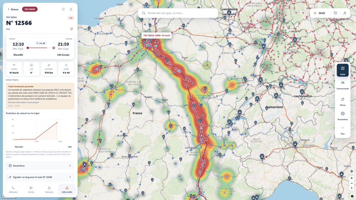 traintracker24_'s tweet photo. 🚨Un incendie en cours au Sud de Paris provoque des retards extrêmes sur l'axe Sud-Est 🚨

Les circulations sont fortement perturbées. Cinq TGV ont un retard supérieur à 5 heures, tandis que la moyenne des retards sur cette ligne s'élève à près de 3 heures. 🕜⚠️

#TrainTracker24 #Incendie #SNCF @TGVInoui @OUIGO