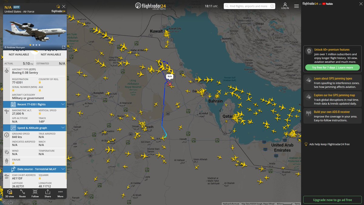 AIYeyENGDdJkjTr's tweet photo. July 13, 2026
#Prince Sultan Air Base ==> #Persian Gulf Coast
#NoCALLSIGN #AE11DF USAF E-3B Sentry
#NoCALLSIGN #AE023F USAF KC-135R Stratotanker https://t.co/bsB76tSIXt