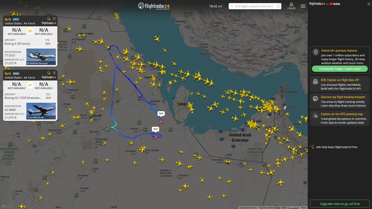 AIYeyENGDdJkjTr's tweet photo. July 13, 2026
#Prince Sultan Air Base ==> #Persian Gulf Coast
#NoCALLSIGN #AE11DF USAF E-3B Sentry
#NoCALLSIGN #AE023F USAF KC-135R Stratotanker https://t.co/bsB76tSIXt